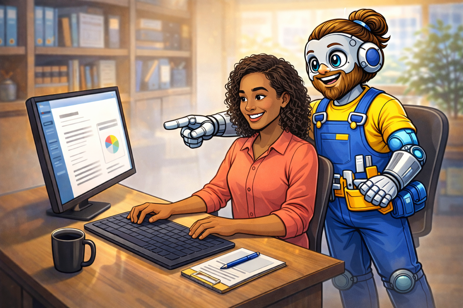 Hank helping a client at a computer desk