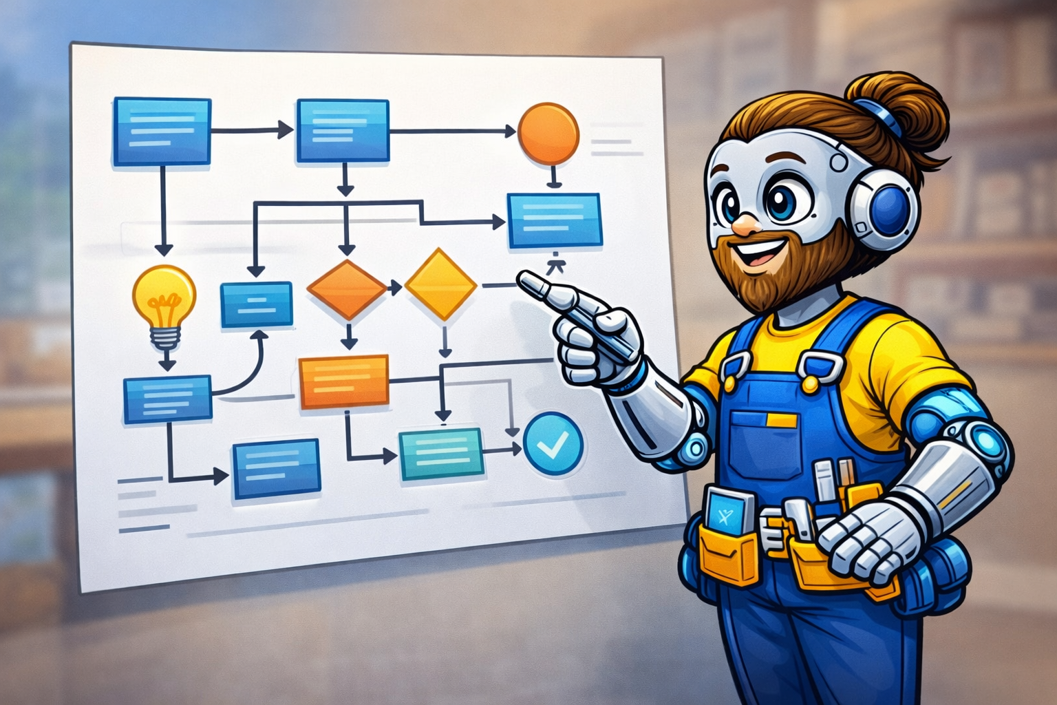Hank reviewing a workflow diagram